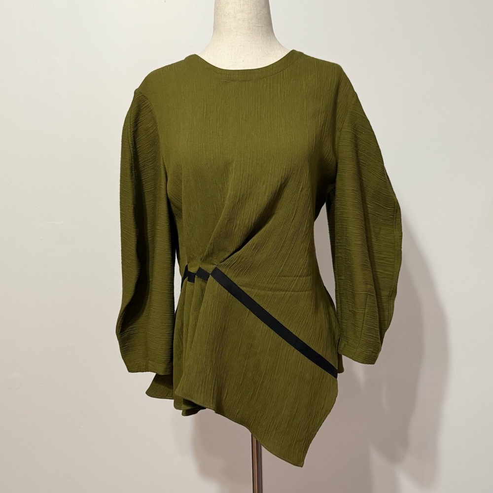 Palmer // Harding | Olive Green Asymmetrical Blouse | Small (4) - Picture 3 of 7